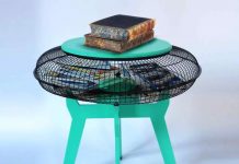 Fan guard side table with books