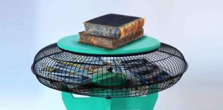 Fan guard side table with books