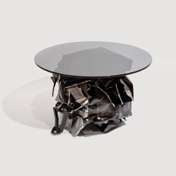 Crushed: black table with glass top made from salvaged metal by HANNAH VAUGHAN | upcycleDZINE